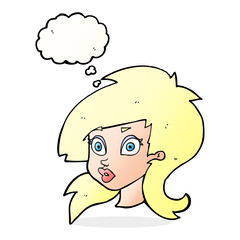 cartoon pretty surprised woman with thought bubble