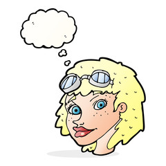 cartoon happy woman wearing aviator goggles with thought bubble