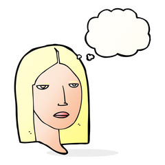cartoon serious woman with thought bubble