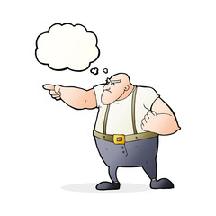 cartoon angry tough guy pointing with thought bubble