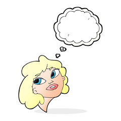 cartoon happy woman with thought bubble