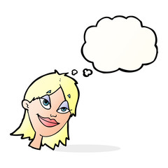 cartoon happy woman with thought bubble