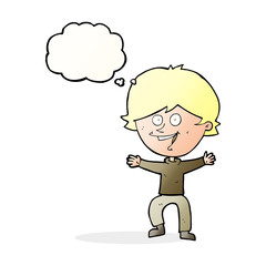 cartoon happy boy laughing with thought bubble