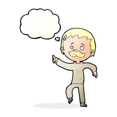 cartoon man with mustache pointing with thought bubble