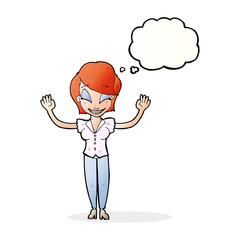 cartoon pretty woman with hands in air with thought bubble