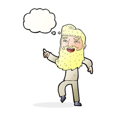 cartoon man with beard laughing and pointing with thought bubble