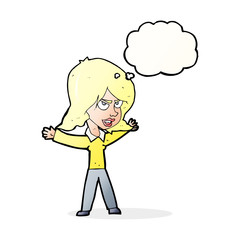 cartoon woman gesturing with thought bubble