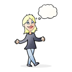 cartoon woman with no worries with thought bubble