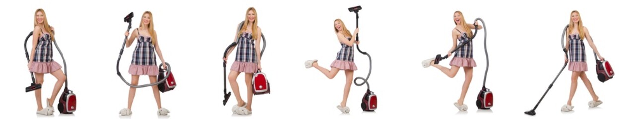 Young woman with vacuum cleaner on white