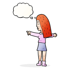 cartoon woman pointing with thought bubble