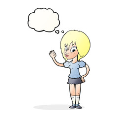 cartoon pretty woman waving with thought bubble