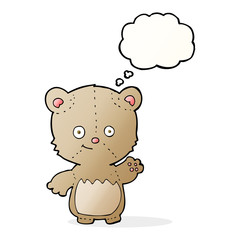 cartoon teddy bear waving with thought bubble