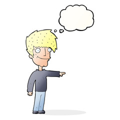 cartoon happy man pointing with thought bubble