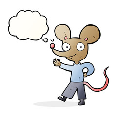 cartoon waving mouse with thought bubble