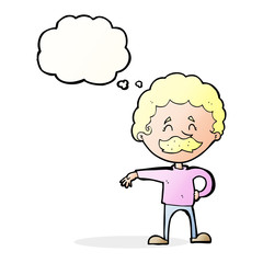 cartoon man making camp gesture with thought bubble