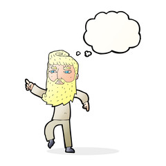cartoon bearded man pointing the way with thought bubble