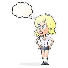 cartoon woman with hands on hips with thought bubble