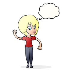 cartoon woman waving with thought bubble