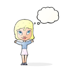 cartoon woman with open arms with thought bubble