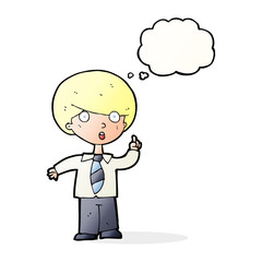 cartoon school boy answering question with thought bubble