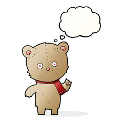 cartoon waving teddy bear with thought bubble