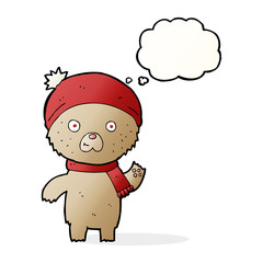 cartoon waving teddy bear with thought bubble