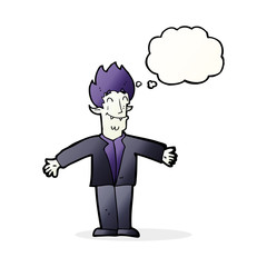 cartoon happy vampire with thought bubble