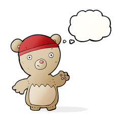 cartoon teddy bear wearing hat with thought bubble