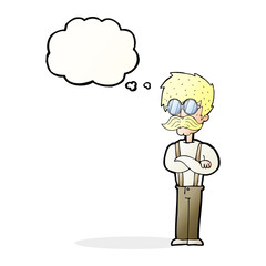 cartoon hipster man with mustache and spectacles with thought bu