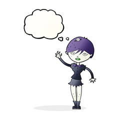 cartoon vampire girl waving with thought bubble