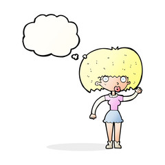 cartoon woman waving with thought bubble