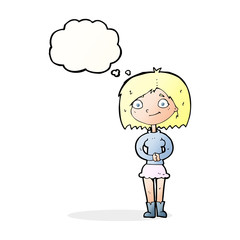 cartoon happy woman with thought bubble