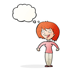 cartoon excited woman with thought bubble