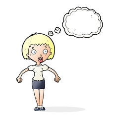 cartoon confused woman shrugging shoulders with thought bubble