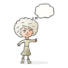 cartoon annoyed old woman with thought bubble