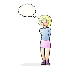 cartoon shy woman with thought bubble