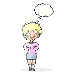 cartoon excited woman with thought bubble