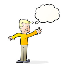 cartoon worried man reaching with thought bubble