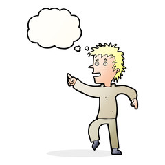 cartoon happy man pointing with thought bubble
