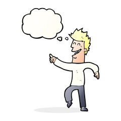 cartoon man pointing and laughing with thought bubble