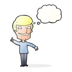 cartoon grinning man with idea with thought bubble