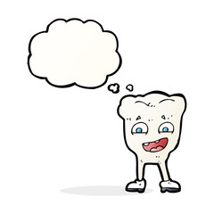 cartoon happy tooth with thought bubble