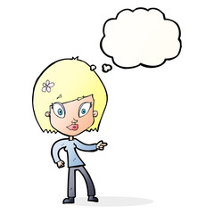 cartoon pretty woman pointing with thought bubble
