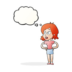 cartoon woman with hands on hips with thought bubble