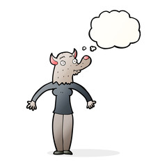 cartoon friendly werewolf woman with thought bubble