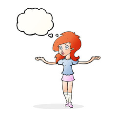 cartoon confused pretty girl with thought bubble