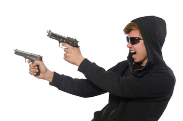 Aggressive man with gun isolated on white