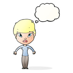 cartoon woman shrugging shoulders with thought bubble