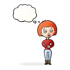 cartoon tired woman with thought bubble