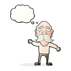 cartoon worried old man with thought bubble